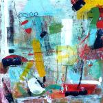 Abstract painting with a lot of different colours. I used a lot of coats of paint and transparent medium. You could easily guess through these transparencies the different shapes and carvings on the board.