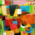 This work resembles a maze because the use of regular patterns with very bright colours. A lot of redand oranges.