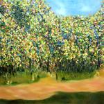 Representational work of a woodland in the spring where you can see the tree leaves in colours yellows and greens, there is also an earth colour path directing you to the woods.