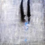 Abstract painting using black and white paint, there are several coats of white paint among the hidden black marks.
