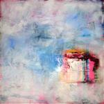 Oil painting on canvas, abstract image in a large canvas, I used a lot of white paint and off centre there is a shape with multiple colours.