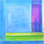 Geometrical work done with lines, squares and rectangles with very bright and light colours mainly in greens, blues, and whites.