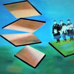 This is a large canvas representing some black and white figures, in collage, floating in what looks like water while some large rectangular boards are floating in the air and falling into the water. It is quite a surreal work and it is of course free to interpret.